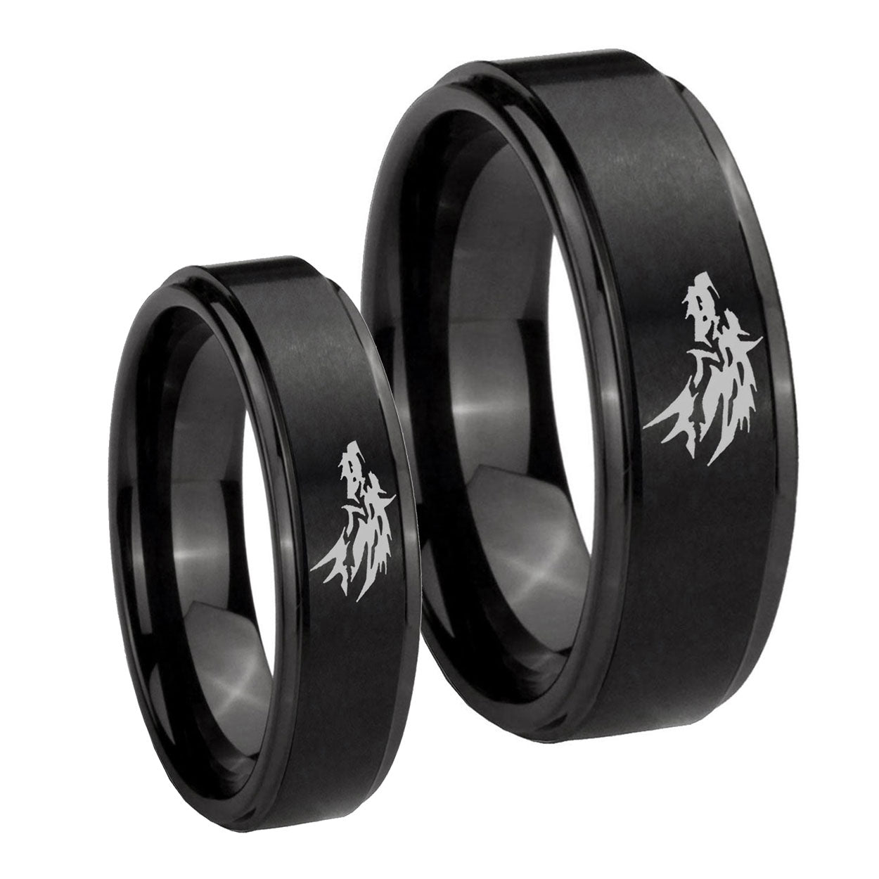 Wolf Step Edges Brush Black Tungsten Bridal Ring Set