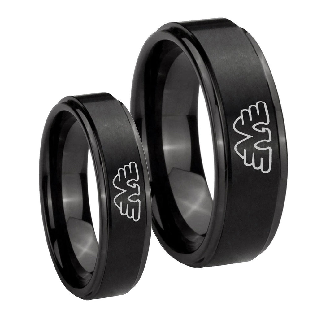 Waylon Jennings Step Edges Brush Black Tungsten Wedding Ring Set