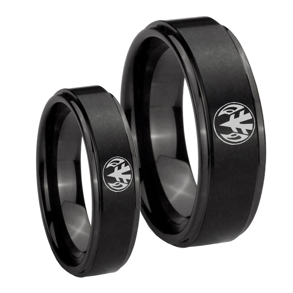 Love Power Rangers Step Edges Brush Black Tungsten Mens Ring Set