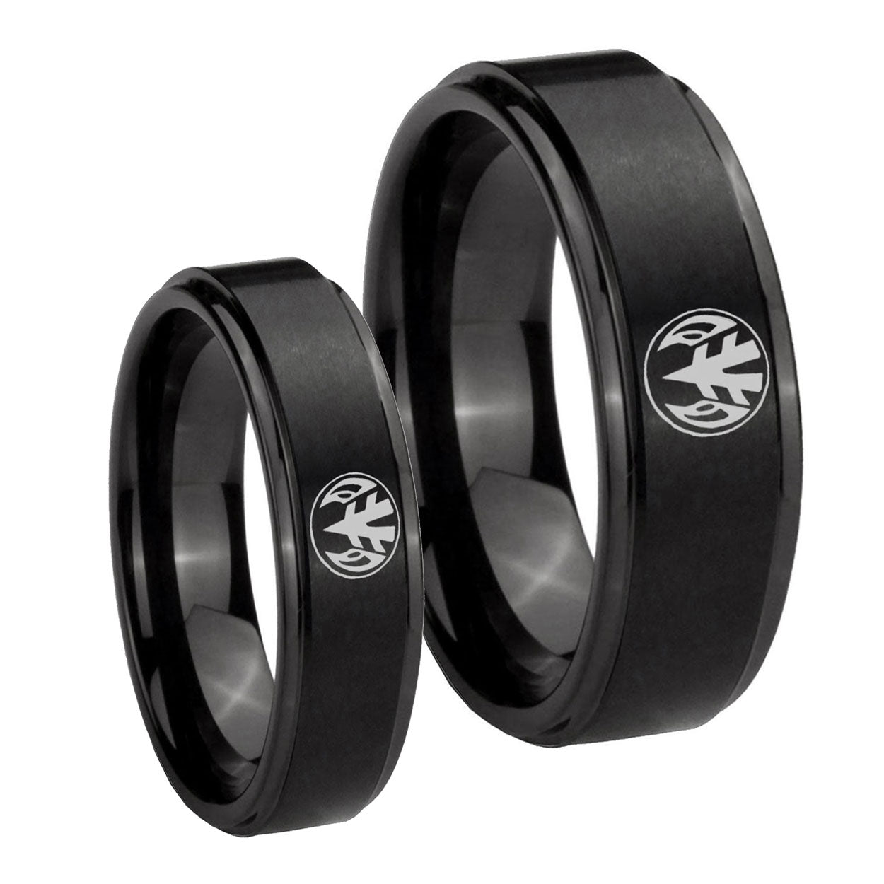 Love Power Rangers Step Edges Brush Black Tungsten Mens Ring Set