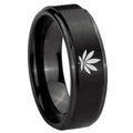 10mm Marijuana Leaf Step Edges Brush Black Tungsten Carbide Men's Ring