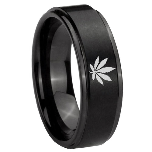 8mm Marijuana Leaf Step Edges Brush Black Tungsten Band