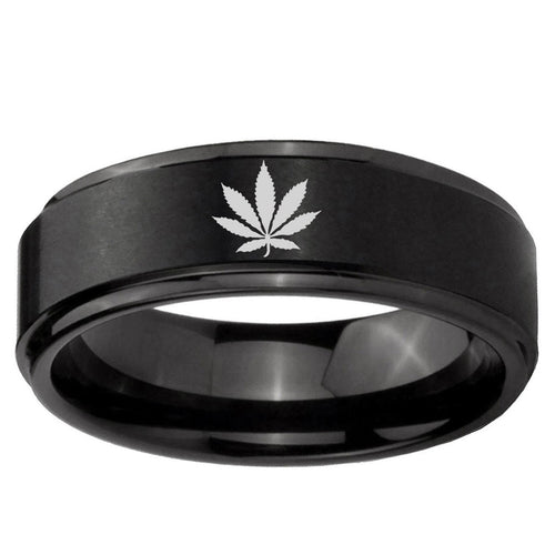5mm Marijuana Leaf Step Edges Brush Black Tungsten Band