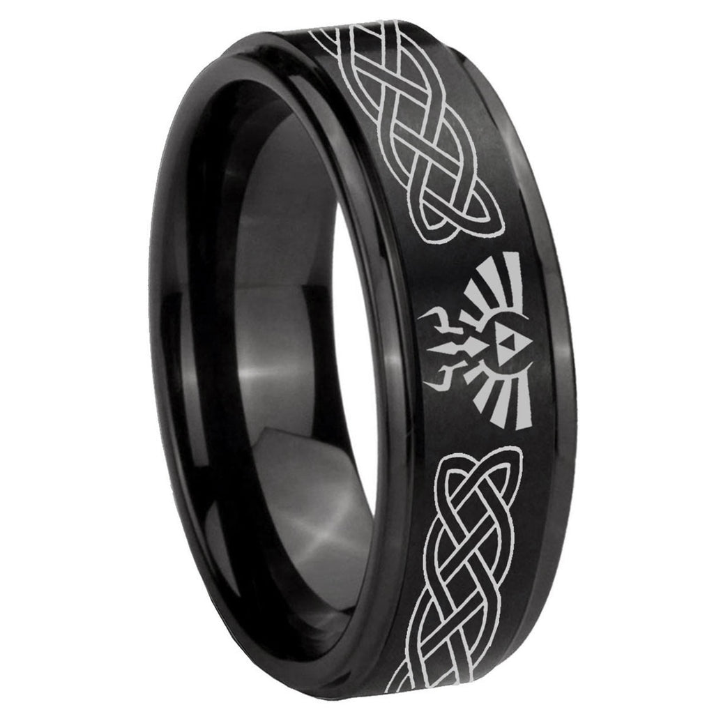 8mm Celtic Zelda Step Edges Brush Black Tungsten Ring