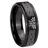 10mm Celtic Zelda Step Edges Brush Black Tungsten Carbide Mens Ring Engraved