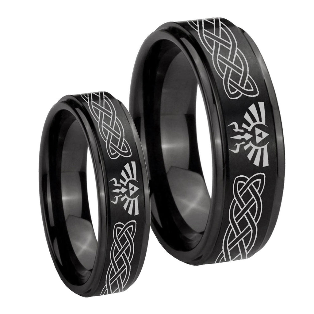 Celtic Zelda Step Edges Brush Black Tungsten Mens Set Rings