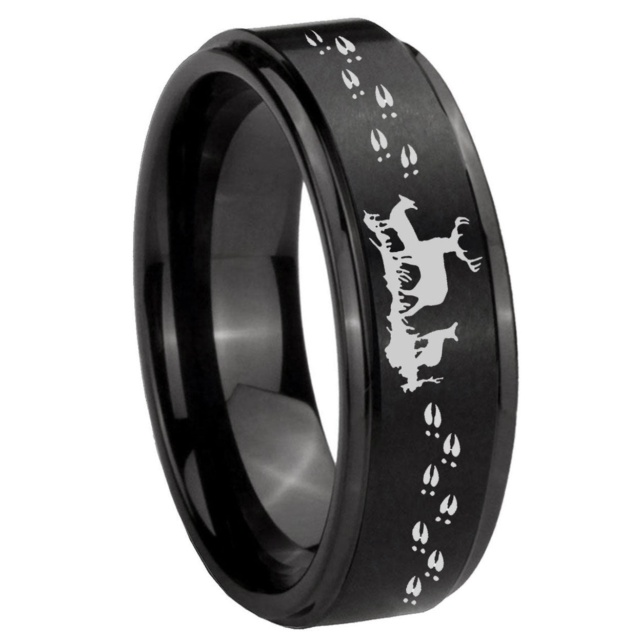 8mm Deer Hunting Step Edges Brush Black Tungsten Mens Ring