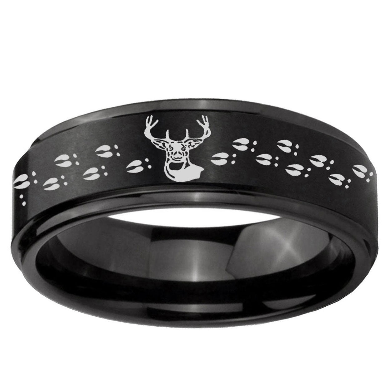 5mm Deer Antler Step Edges Brush Black Tungsten Mens Ring