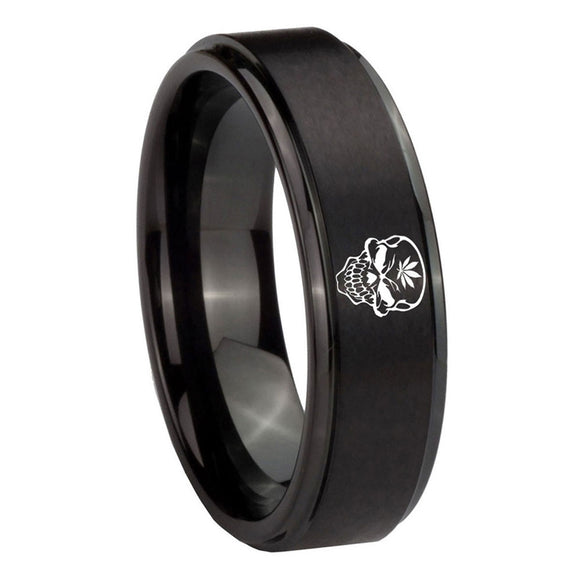 8mm-Skull-Marijuana-Leaf--Step-Edges-Brush-Black-Tungsten-Men's-Engagement-Band