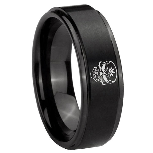 10mm Skull Marijuana Leaf Step Edges Brush Black Tungsten Mens Ring Personalized