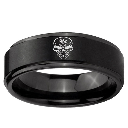 10mm Skull Marijuana Leaf Step Edge Brush Black Tungsten Ring