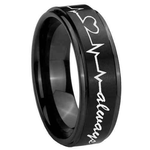 10mm Heart Beat forever Heart always Step Edges Brush Black Tungsten Bands Ring
