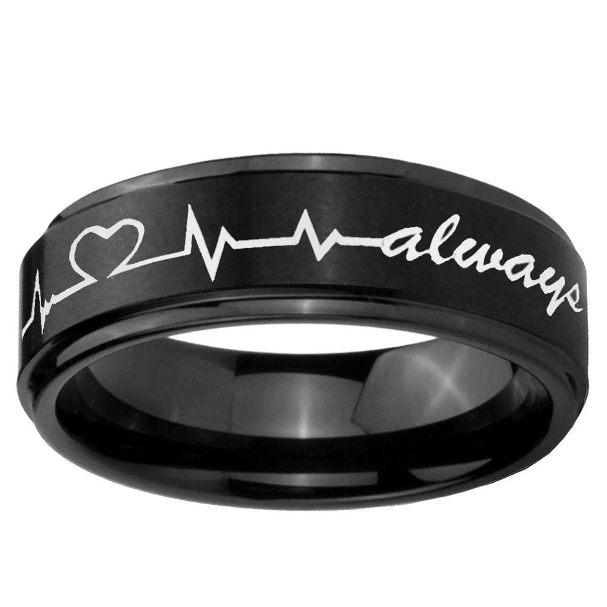 5mm Heart Beat forever Heart always Step Edge Black Tungsten Band