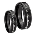 Heart Beat forever Heart always Step Edges Brush Black Tungsten Bridal Set Ring