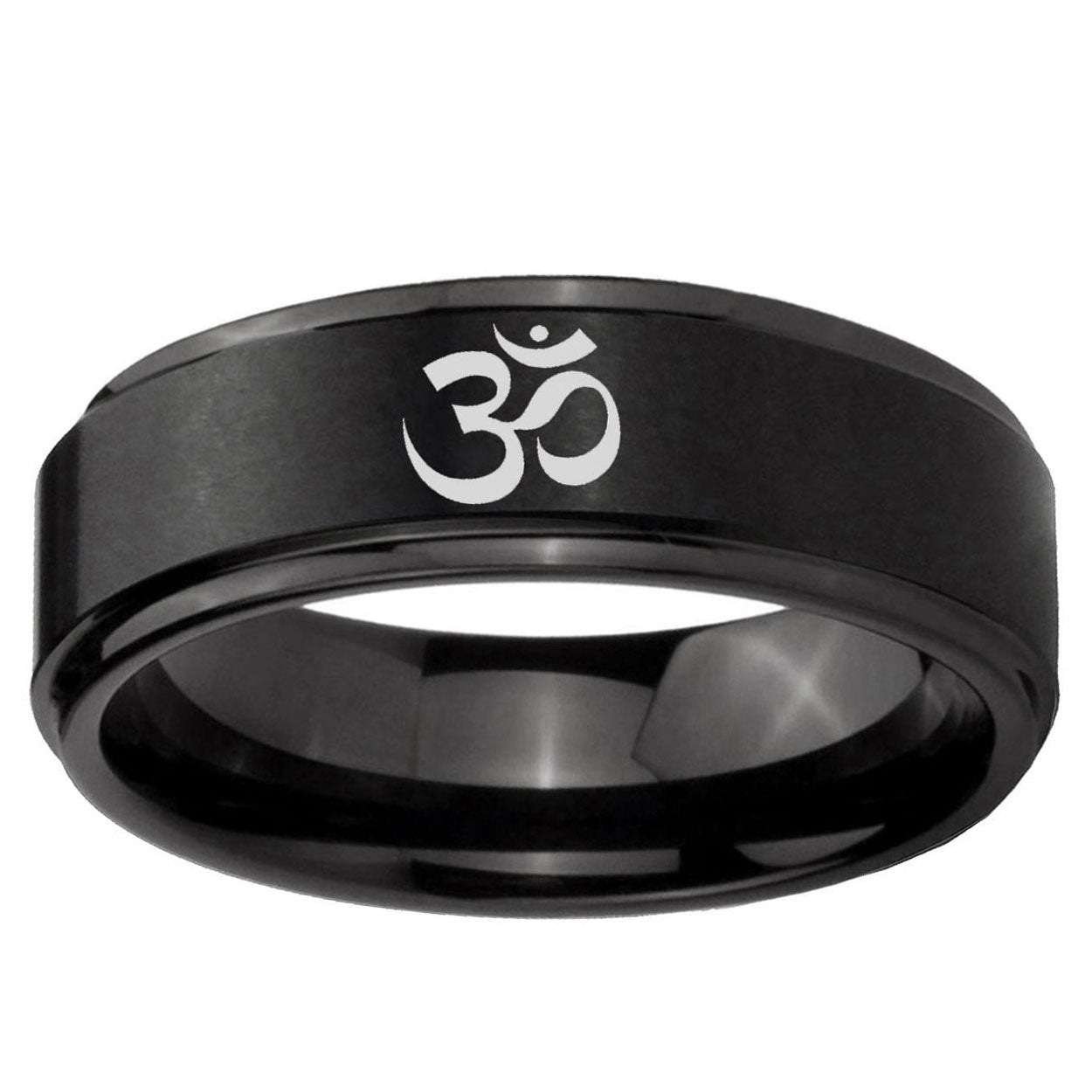10mm Om Aum Yoga Step Edge Brush Black Tungsten Ring