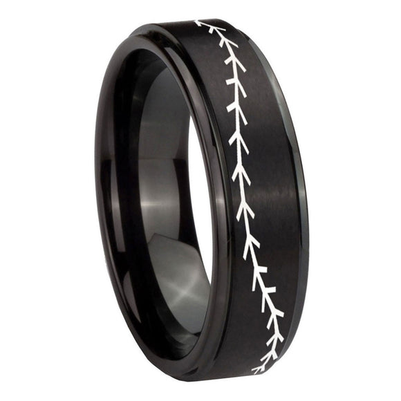 8mm-Baseball-Stitch-Step-Edges-Brush-Black-Tungsten-Carbide-Mens-Promise-Ring