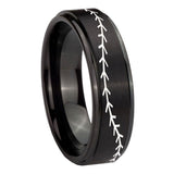 10mm-Baseball-Stitch-Step-Edges-Brush-Black-Tungsten-Carbide-Mens-Wedding-Ring