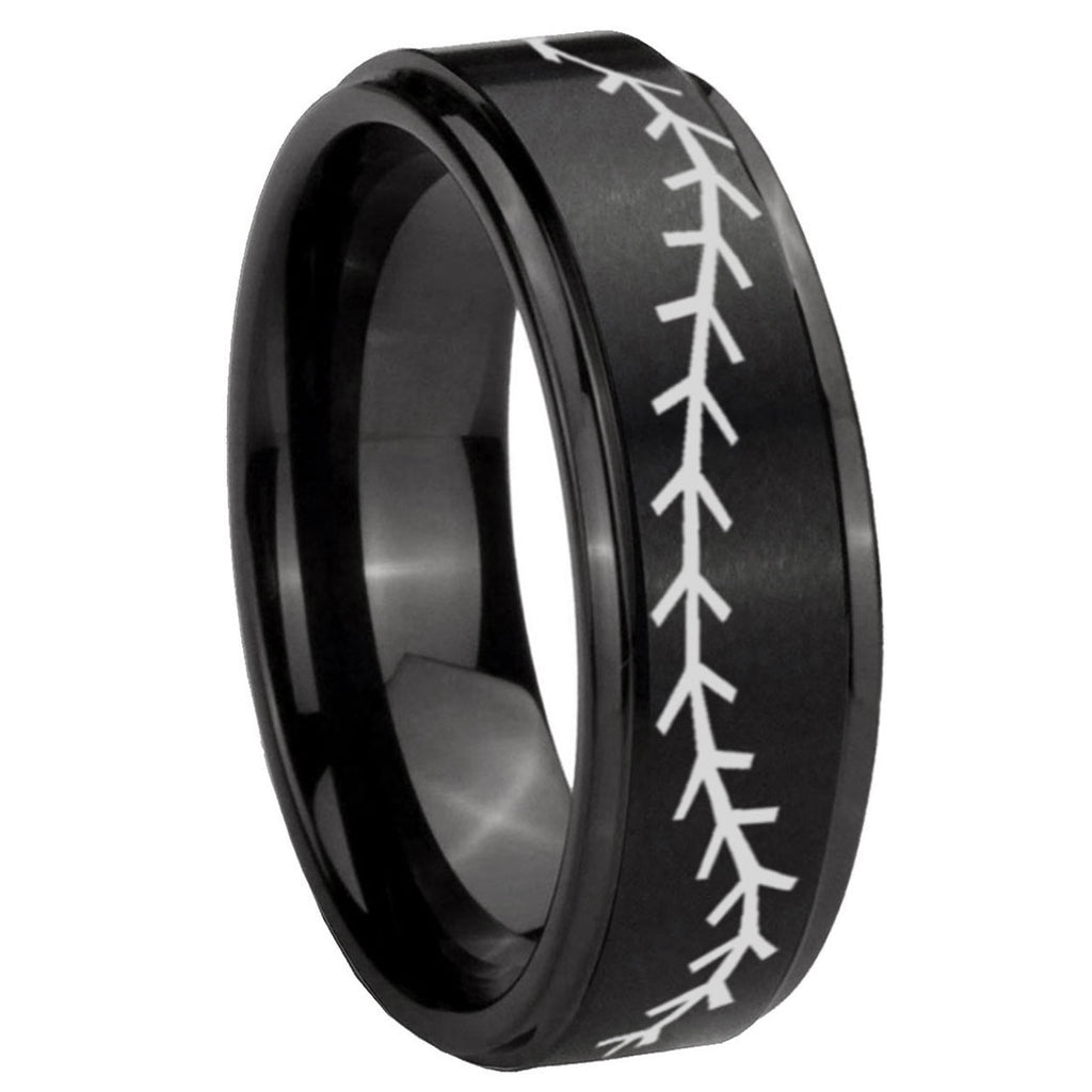 8mm Baseball Stitch Step Edges Brush Black Tungsten Ring
