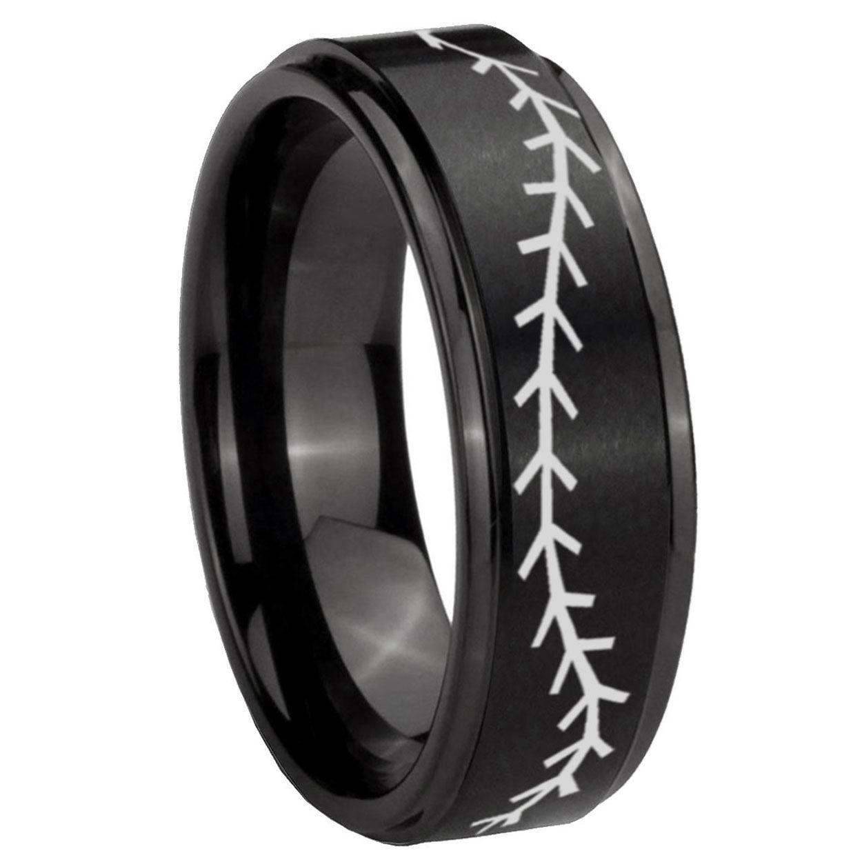 8mm Baseball Stitch Step Edges Brush Black Tungsten Ring