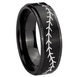 10mm Baseball Stitch Step Edges Brush Black Tungsten Carbide Mens Wedding Ring