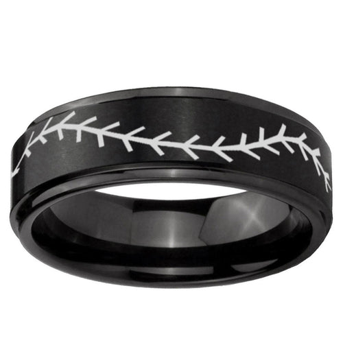 10mm Baseball Stitch Step Edge Brush Black Tungsten Ring