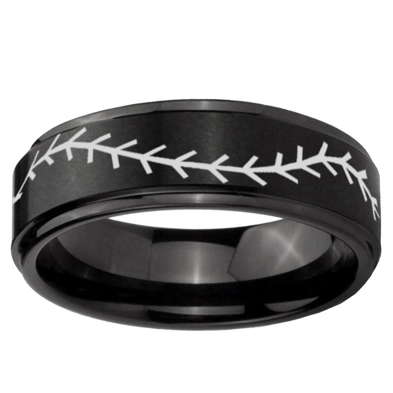 5mm Baseball Stitch Step Edges Brush Black Tungsten Ring