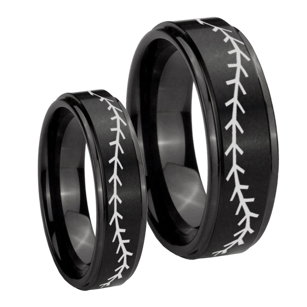 Baseball Stitch Step Edges Brush Black Tungsten His Hers Set Rings