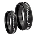 Baseball Stitch Step Edges Brush Black Tungsten His Hers Set Rings