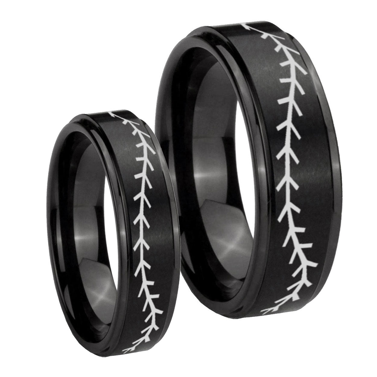 Baseball Stitch Step Edges Brush Black Tungsten His Hers Set Rings