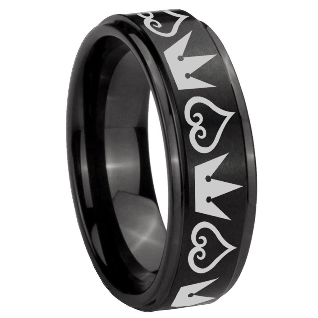 10mm Hearts and Crowns Step Edges Brush Black Tungsten Men's Wedding Ring