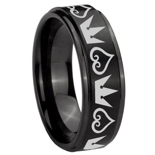 10mm Hearts and Crowns Step Edges Brush Black Tungsten Men's Wedding Ring