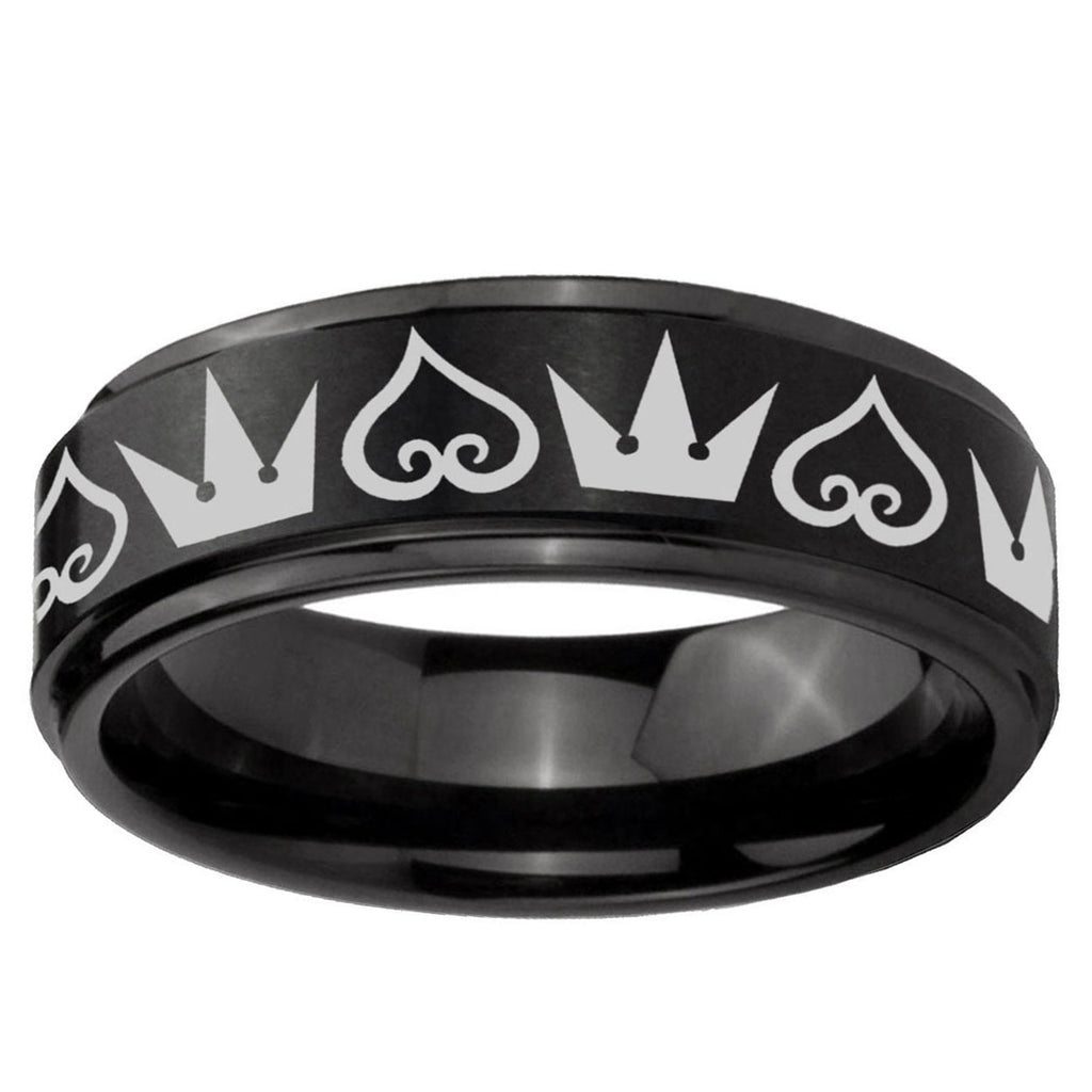 10mm Hearts and Crowns Step Edge Brush Black Tungsten Ring