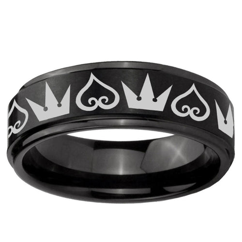 10mm Hearts and Crowns Step Edge Brush Black Tungsten Ring