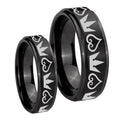 Hearts and Crowns Step Edges Brush Black Tungsten Matching Ring Set