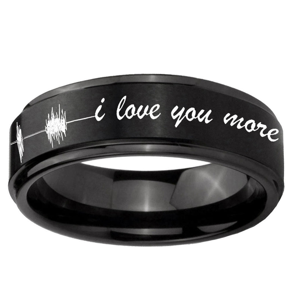 10mm Sound Wave I love you more Step Edge Brush Black Tungsten Men's Ring