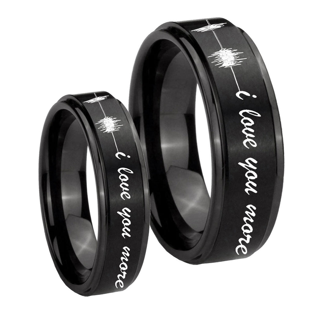Sound Wave, I love you more Step Edges Brush Black Tungsten Mens Ring Set