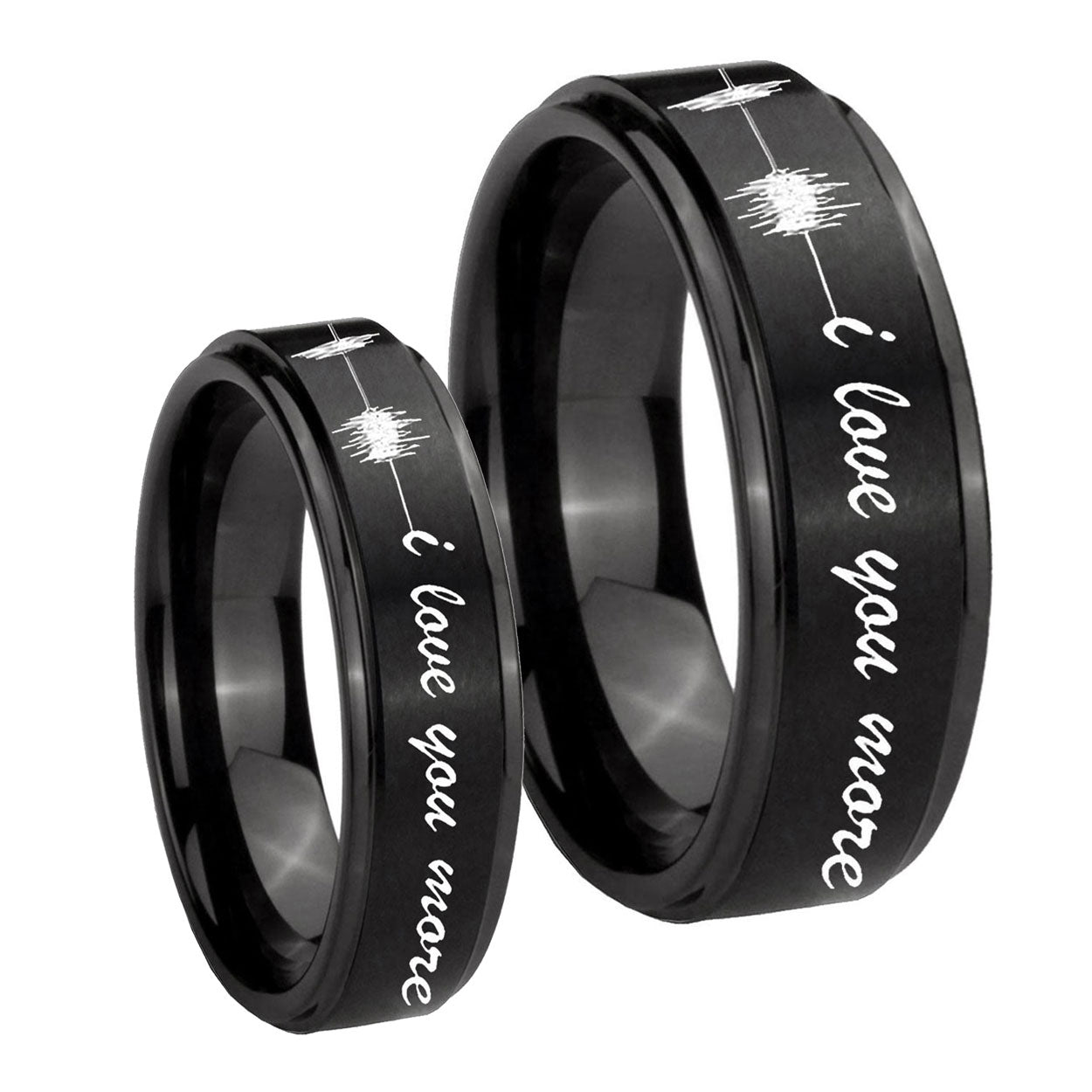 Sound Wave, I love you more Step Edges Brush Black Tungsten Mens Ring Set