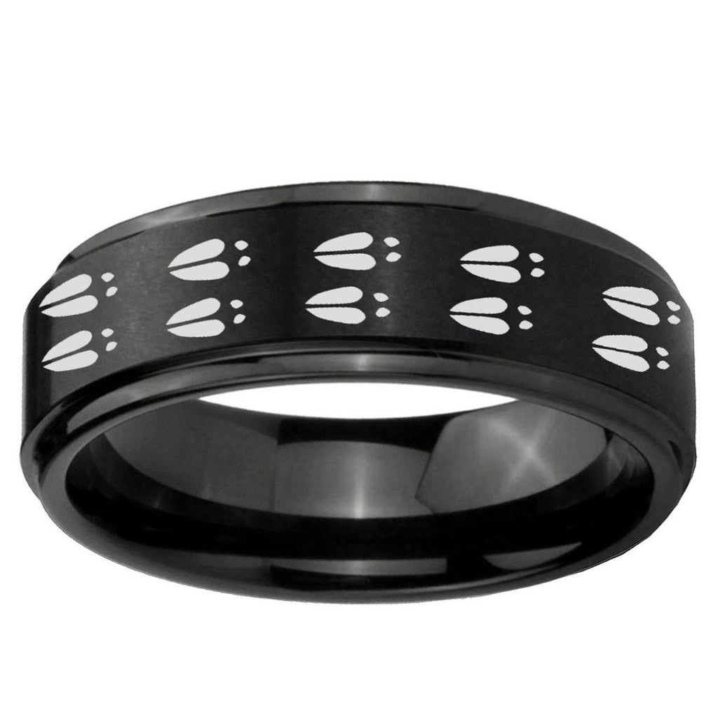 10mm Deer Tracks Step Edge Brush Black Tungsten Ring