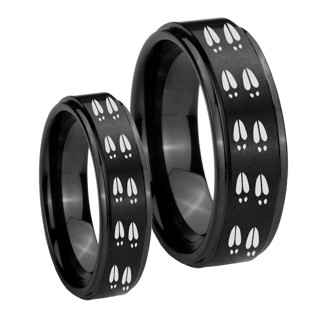 Deer Tracks Step Edges Brush Black Tungsten Couples Ring Set