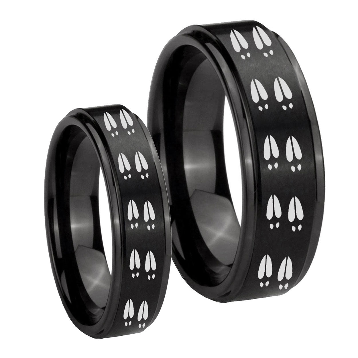 Deer Tracks Step Edges Brush Black Tungsten Couples Ring Set