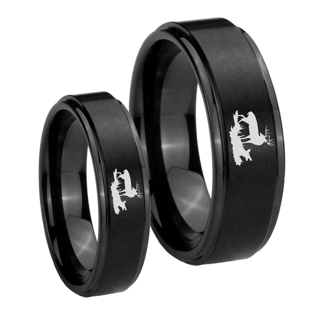 Deer Hunting Step Edges Brush Black Tungsten Wedding Band Set