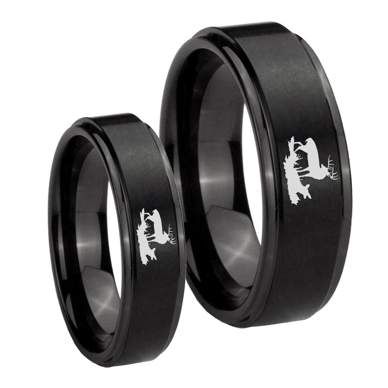 Deer Hunting Step Edges Brush Black Tungsten Wedding Band Set