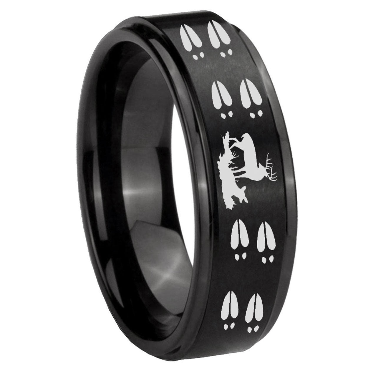 10mm Deer Hunting Tracks Step Edges Brush Black Tungsten Wedding Band Ring