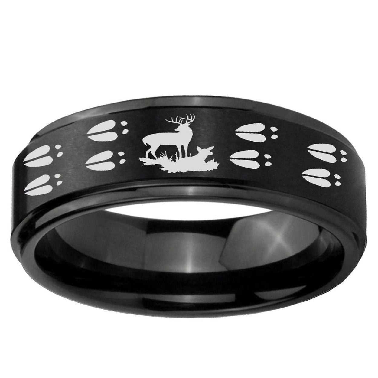10mm Deer Hunting Tracks Step Edge Brush Black Tungsten Ring