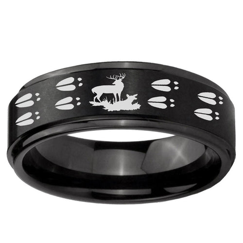 10mm Deer Hunting Tracks Step Edge Brush Black Tungsten Ring