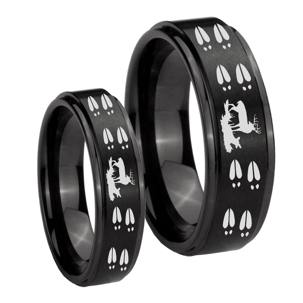 Deer Hunting Tracks Step Edges Brush Black Tungsten Couple Rings