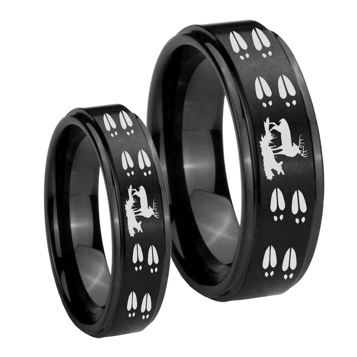 Deer Hunting Tracks Step Edges Brush Black Tungsten Couple Rings
