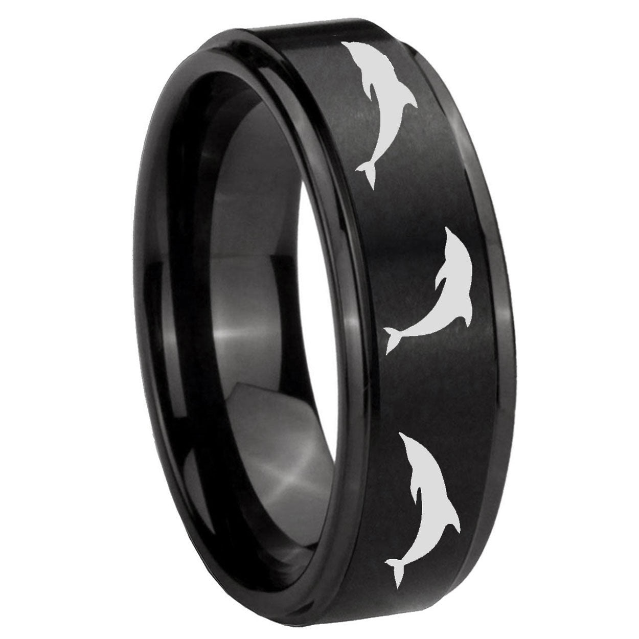 10mm Dolphins Step Edges Brush Black Tungsten Carbide Wedding Bands Ring