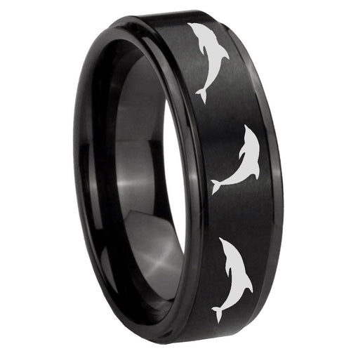 10mm Dolphins Step Edges Brush Black Tungsten Carbide Wedding Bands Ring