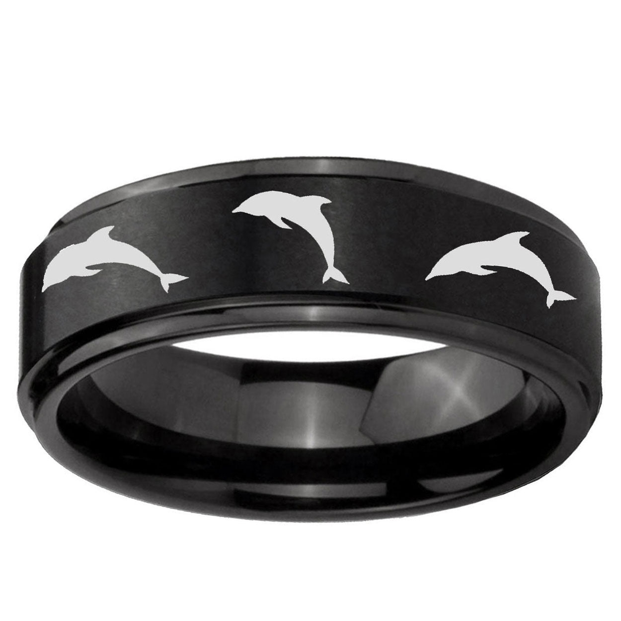 10mm Dolphins Step Edge Brush Black Tungsten Ring